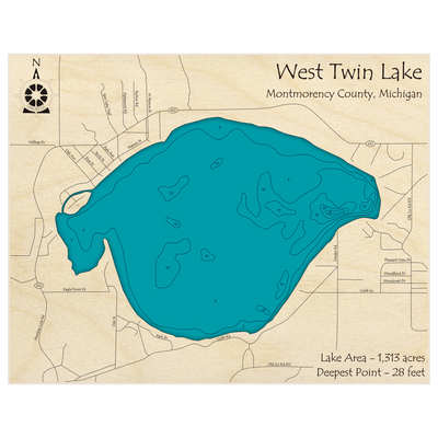 Bathymetric topo map of West Twin Lake with roads, towns and depths noted in blue water