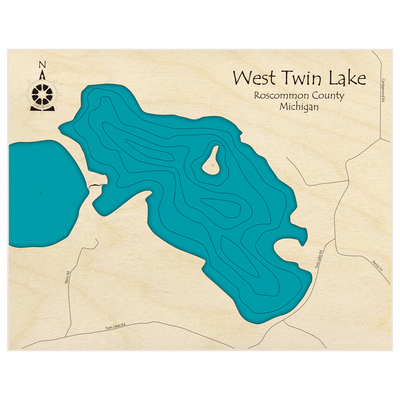 Bathymetric topo map of West Twin Lake with roads, towns and depths noted in blue water