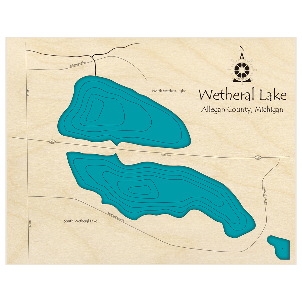 Bathymetric topo map of Wetheral Lake* (Shows North and South Wetheral Lakes) with roads, towns and depths noted in blue water