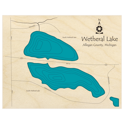 Bathymetric topo map of Wetheral Lake* (Shows North and South Wetheral Lakes) with roads, towns and depths noted in blue water