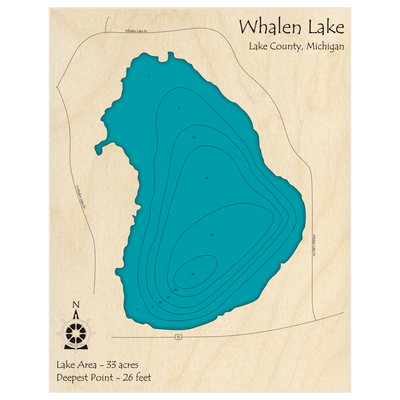 Bathymetric topo map of Whalen Lake with roads, towns and depths noted in blue water