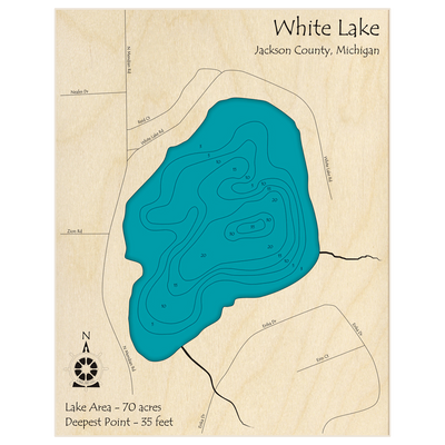 Bathymetric topo map of White Lake with roads, towns and depths noted in blue water