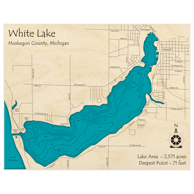 Bathymetric topo map of White Lake with roads, towns and depths noted in blue water