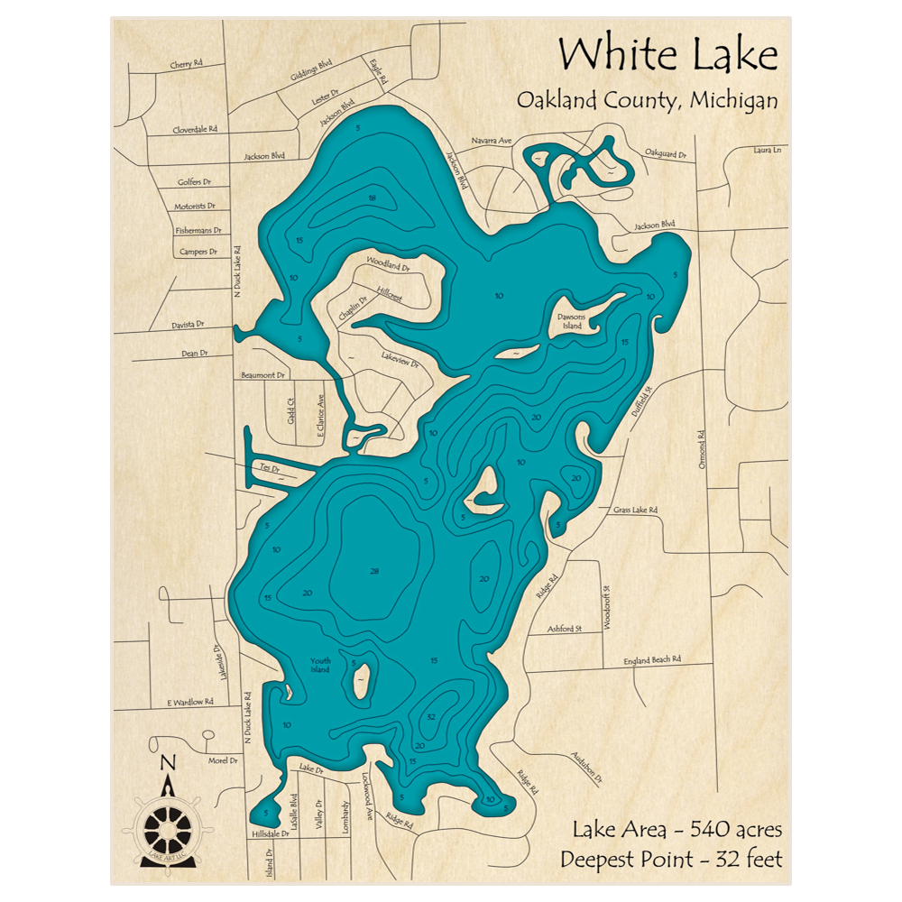 Bathymetric topo map of White Lake with roads, towns and depths noted in blue water