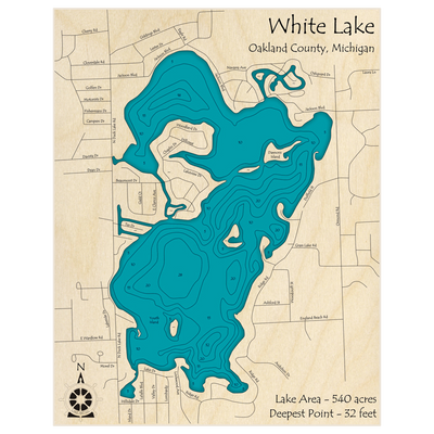 Bathymetric topo map of White Lake with roads, towns and depths noted in blue water