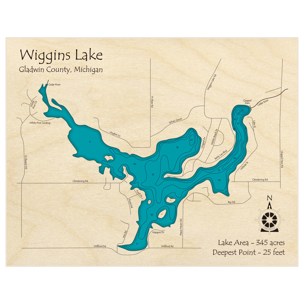 Bathymetric topo map of Wiggins Lake with roads, towns and depths noted in blue water