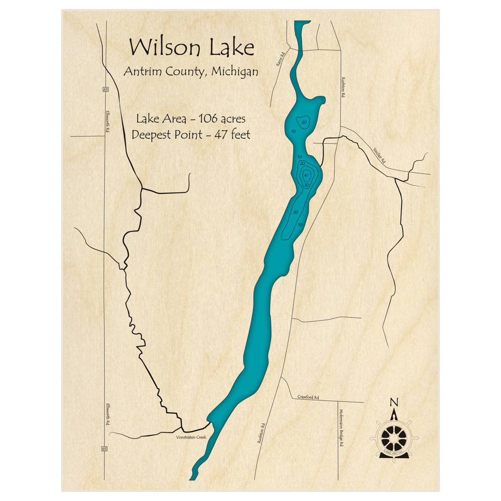 Bathymetric topo map of Wilson Lake with roads, towns and depths noted in blue water