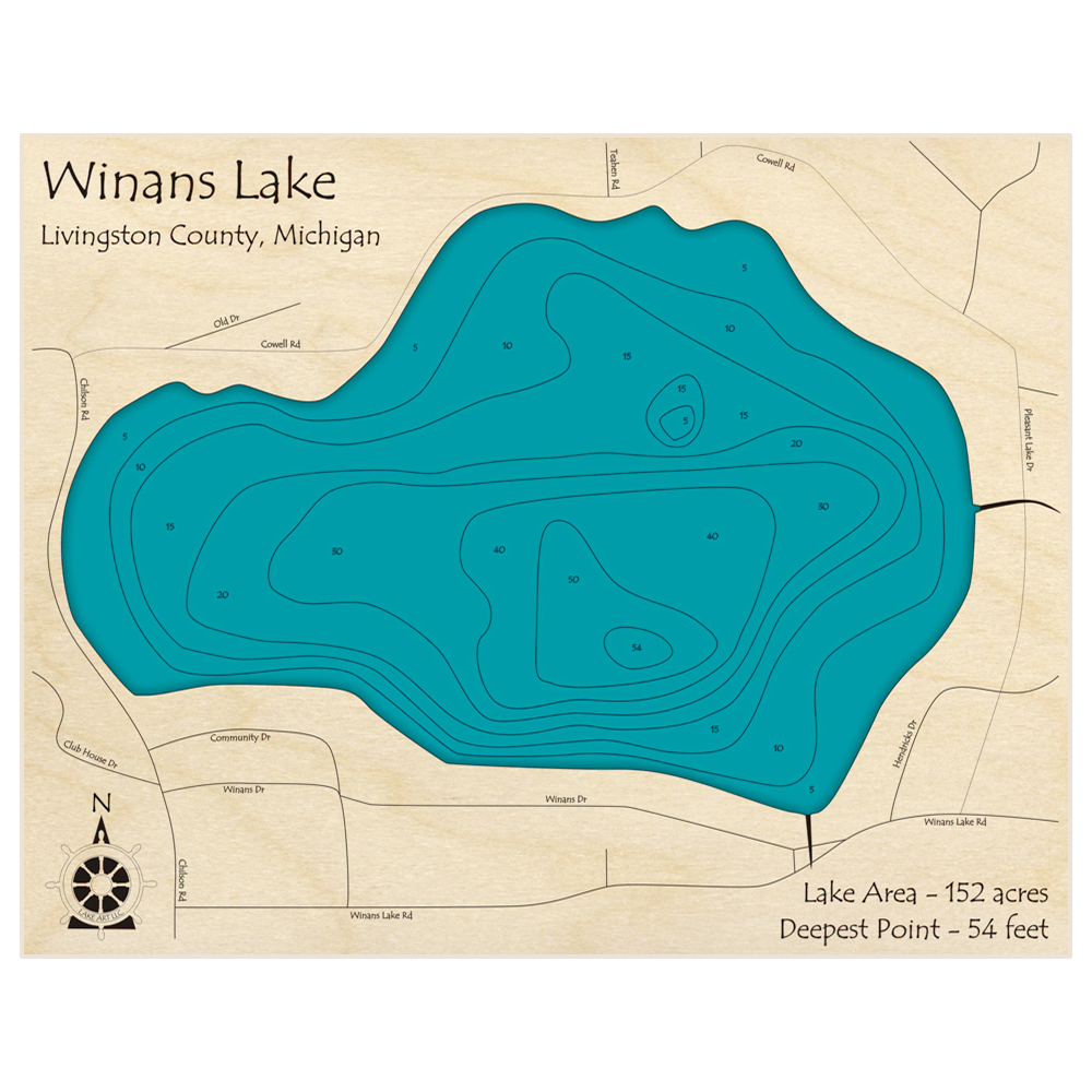 Bathymetric topo map of Winans Lake with roads, towns and depths noted in blue water