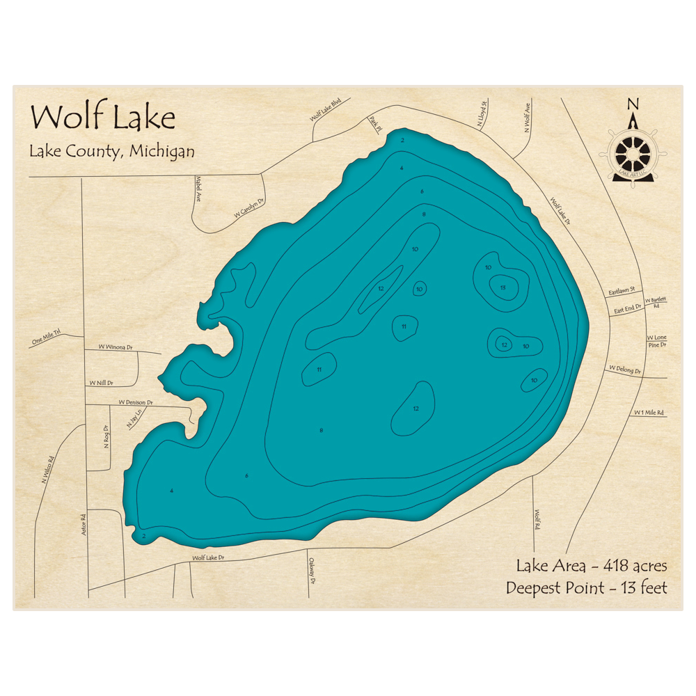 Bathymetric topo map of Wolf Lake with roads, towns and depths noted in blue water