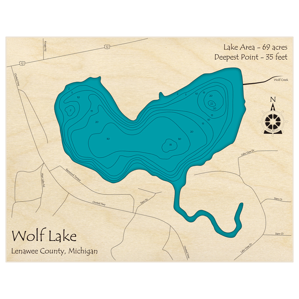 Bathymetric topo map of Wolf Lake with roads, towns and depths noted in blue water