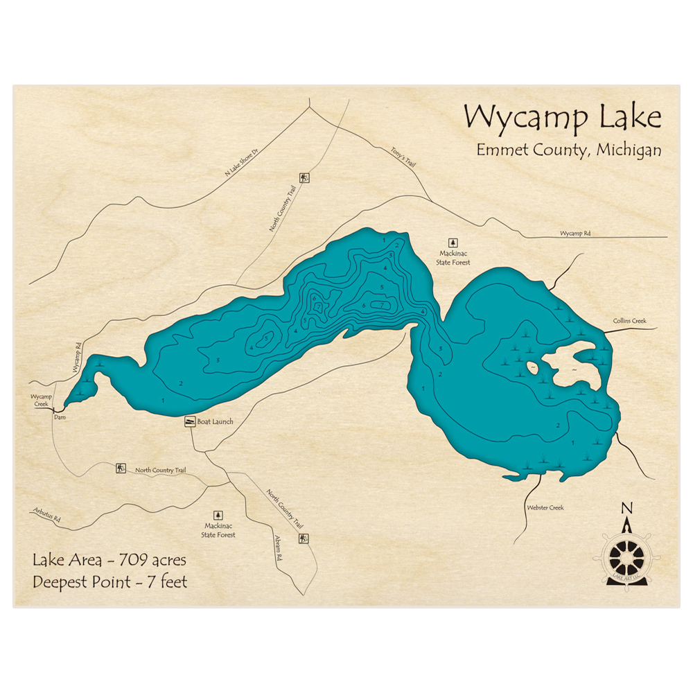 Bathymetric topo map of Wycamp Lake with roads, towns and depths noted in blue water