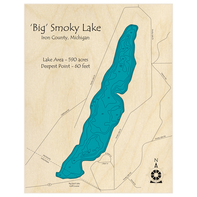 Bathymetric topo map of Big Smoky Lake with roads, towns and depths noted in blue water