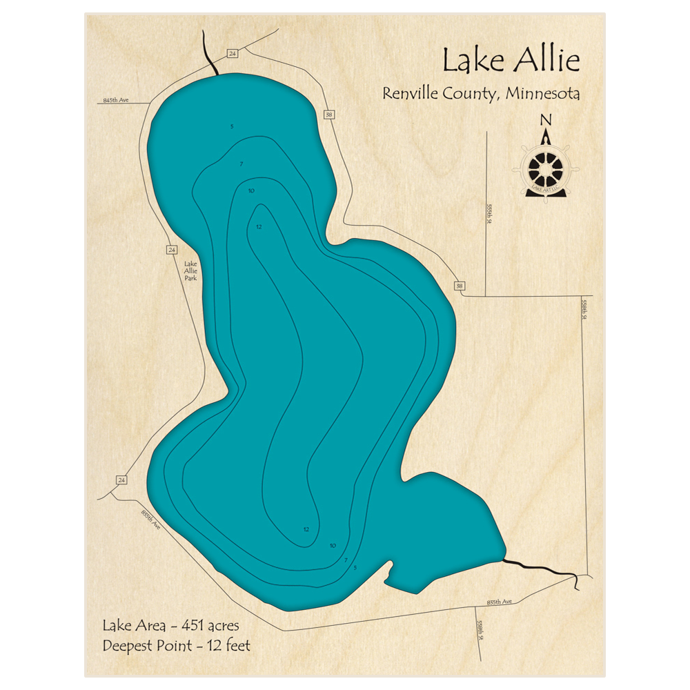 Bathymetric topo map of Lake Allie with roads, towns and depths noted in blue water