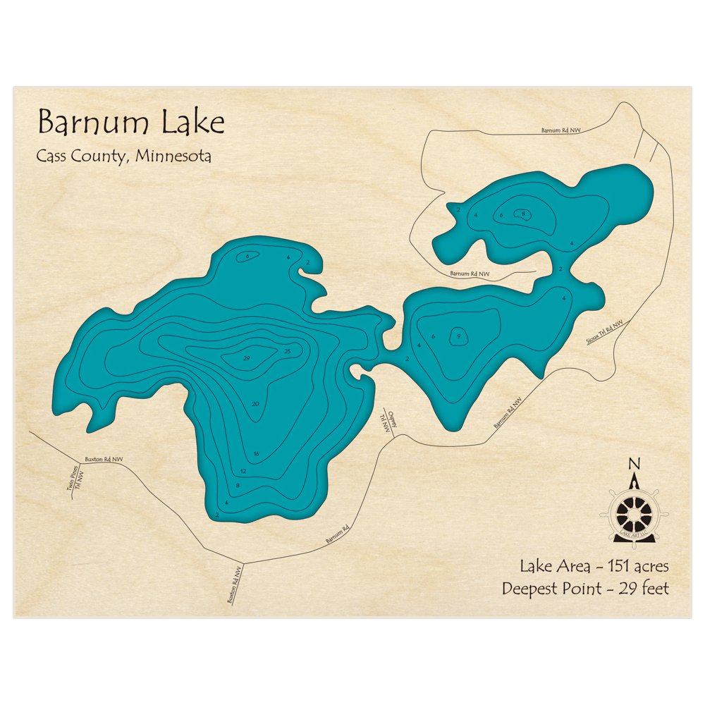 Bathymetric topo map of Barnum Lake with roads, towns and depths noted in blue water