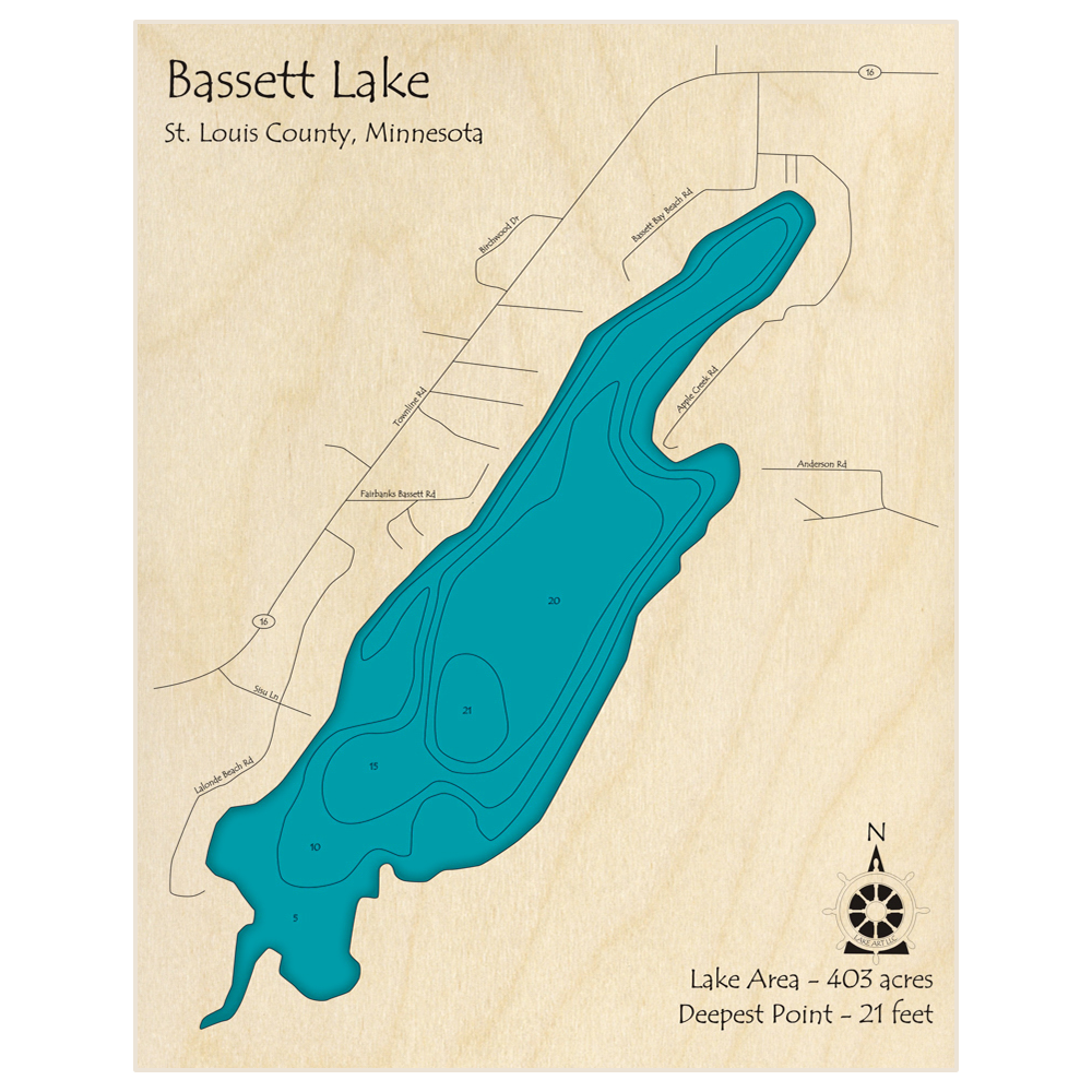 Bathymetric topo map of Basset Lake with roads, towns and depths noted in blue water