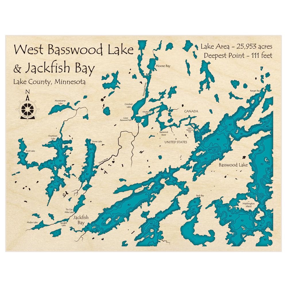 Bathymetric topo map of West Basswood Lake and Jackfish Bay with roads, towns and depths noted in blue water