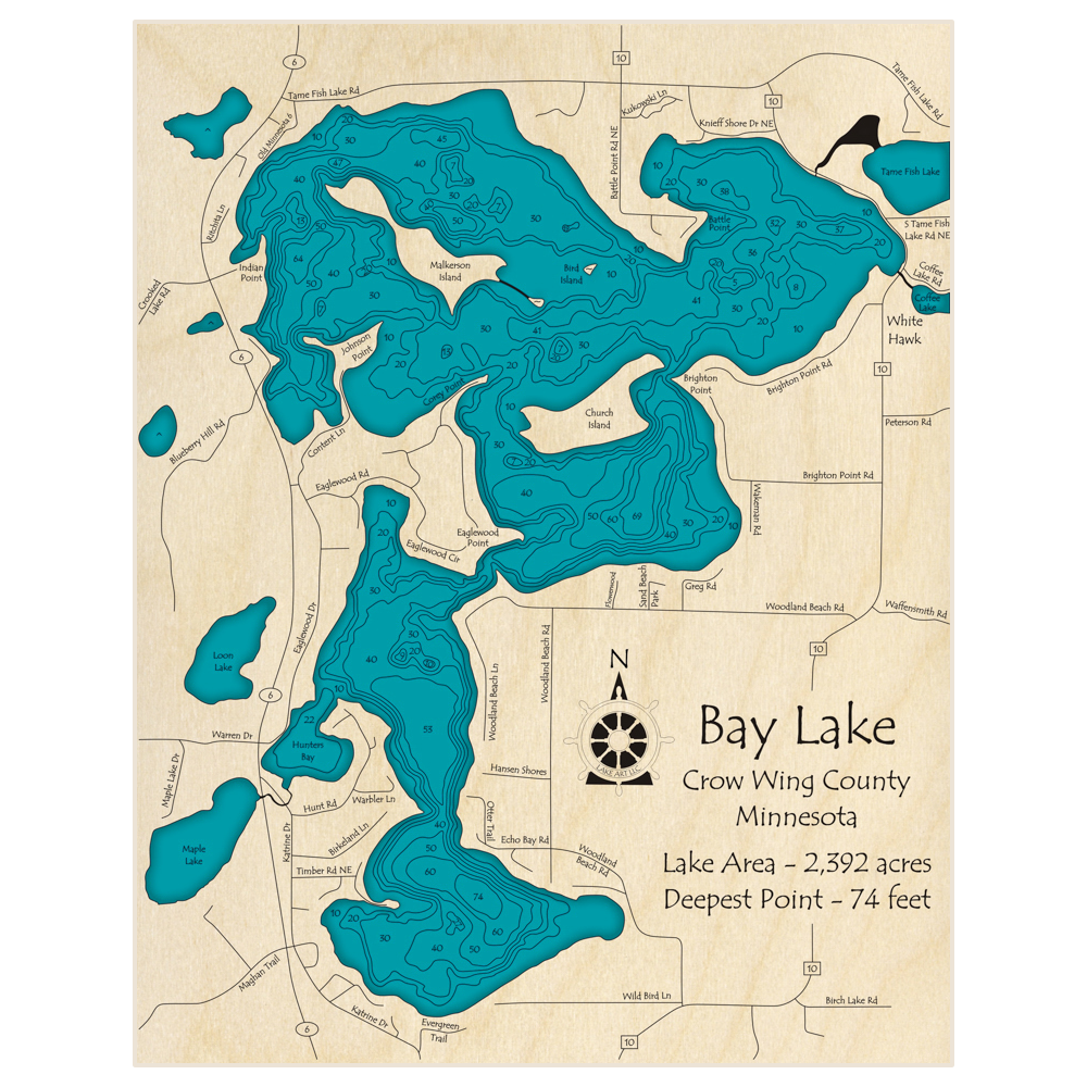 Bathymetric topo map of Bay Lake with roads, towns and depths noted in blue water