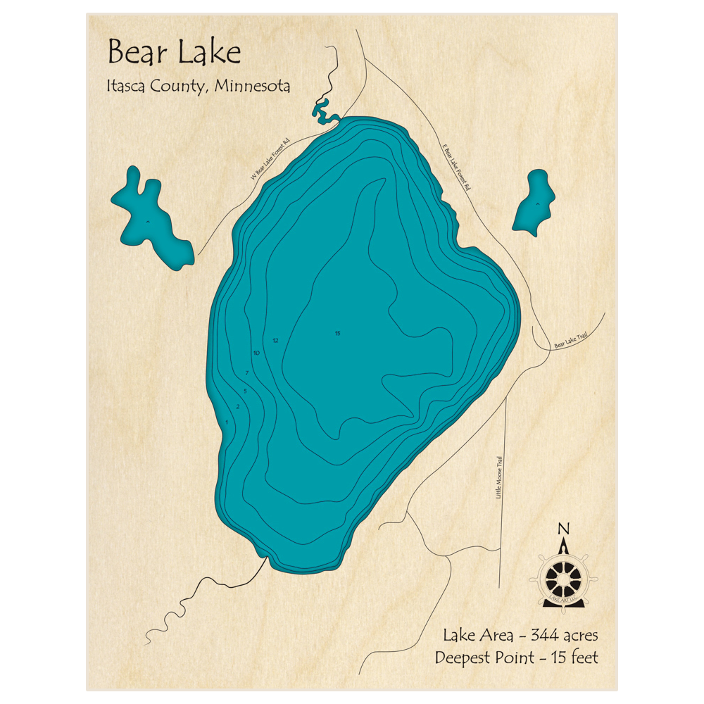 Bathymetric topo map of Bear Lake with roads, towns and depths noted in blue water