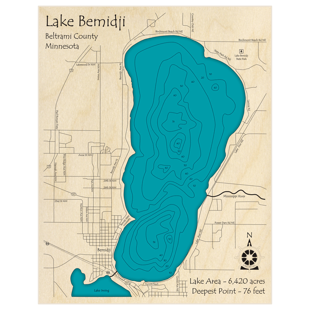 Bathymetric topo map of Lake Bemidji with roads, towns and depths noted in blue water