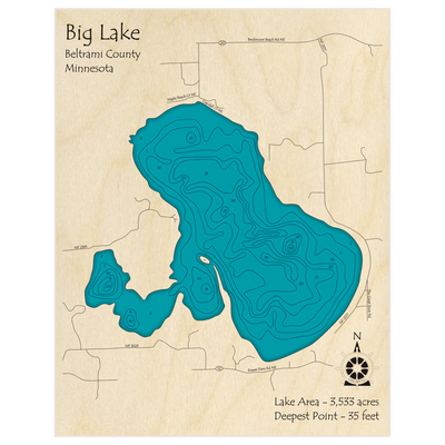 Bathymetric topo map of Big Lake with roads, towns and depths noted in blue water