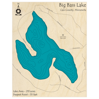 Bathymetric topo map of Big Bass Lake with roads, towns and depths noted in blue water