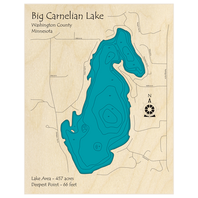 Bathymetric topo map of Big Carnelian Lake with roads, towns and depths noted in blue water