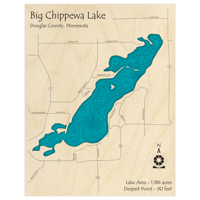 Bathymetric topo map of Big Chippewa Lake (Portrait) with roads, towns and depths noted in blue water