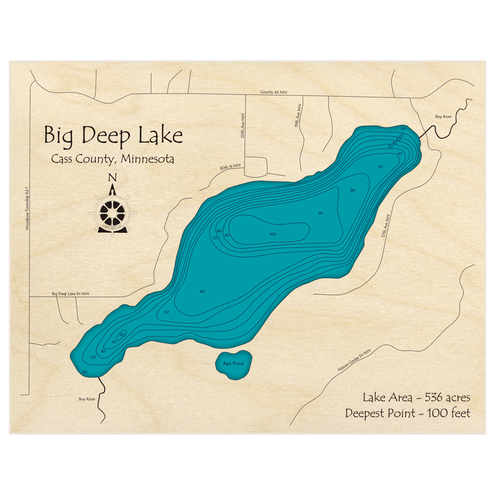 Bathymetric topo map of Big Deep Lake with roads, towns and depths noted in blue water