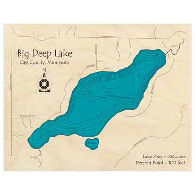 Bathymetric topo map of Big Deep Lake with roads, towns and depths noted in blue water