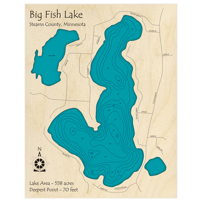 Bathymetric topo map of Big Fish Lake with roads, towns and depths noted in blue water