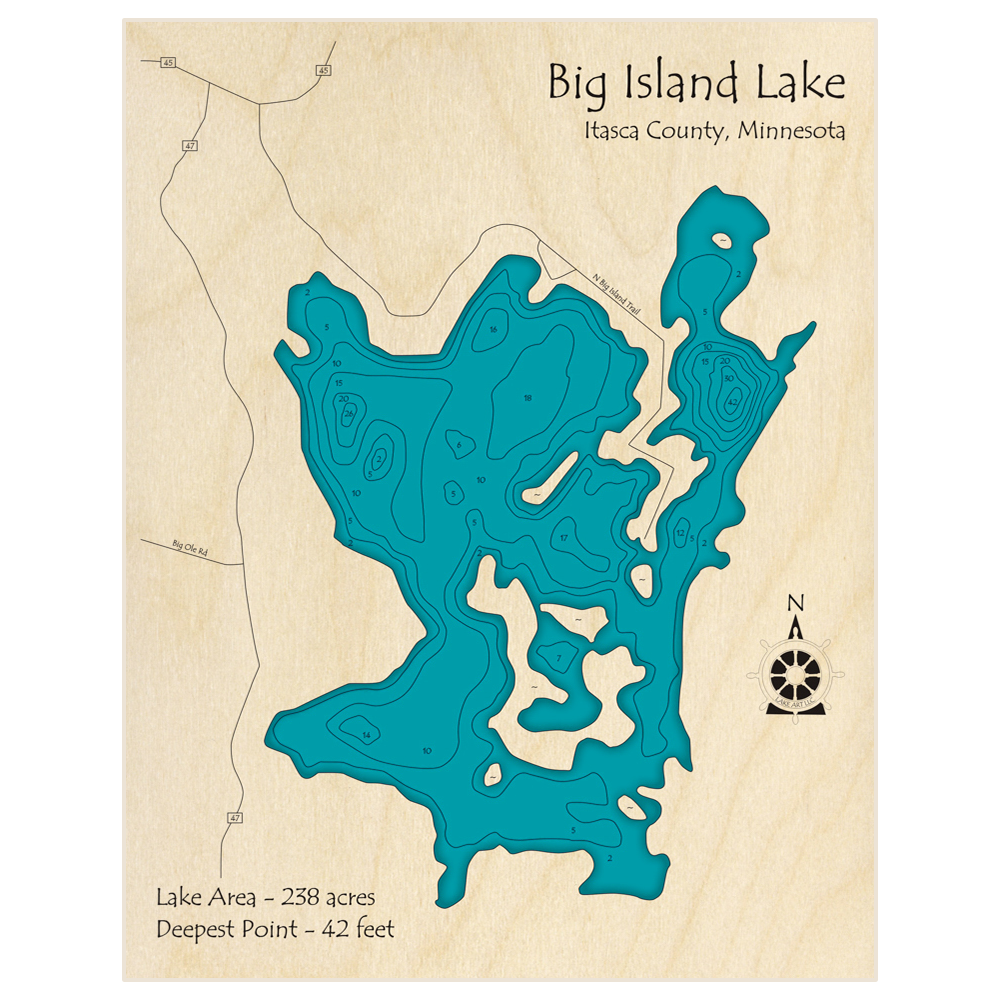 Bathymetric topo map of Big Island Lake (Chippewa National Forest) with roads, towns and depths noted in blue water