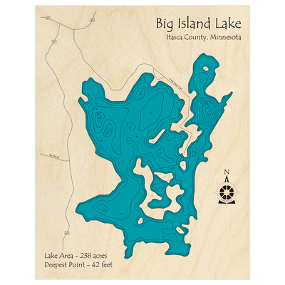 Bathymetric topo map of Big Island Lake (Chippewa National Forest) with roads, towns and depths noted in blue water