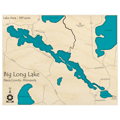 Bathymetric topo map of Big Long Lake  with roads, towns and depths noted in blue water