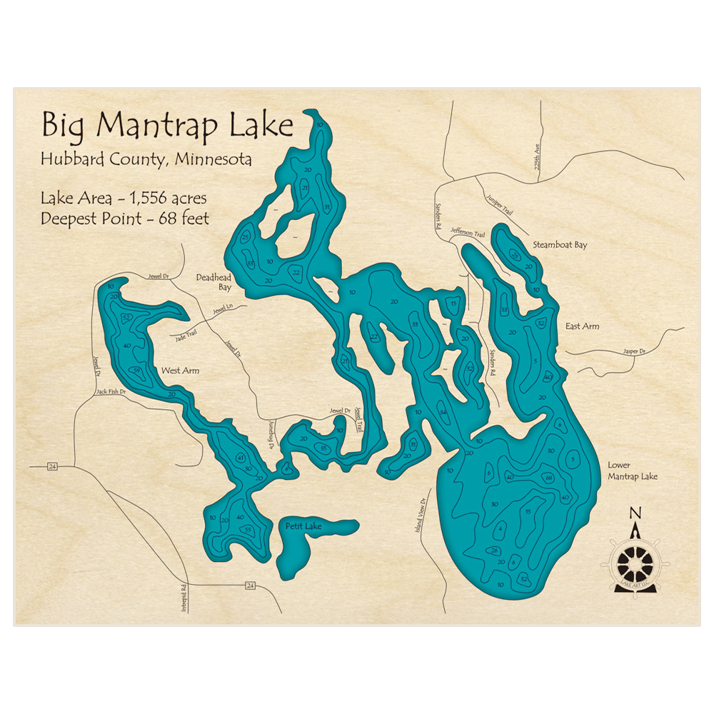 Bathymetric topo map of Big Mantrap Lake with roads, towns and depths noted in blue water