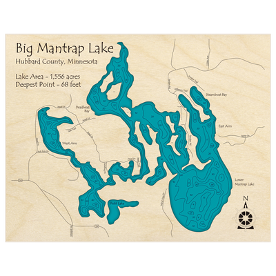 Bathymetric topo map of Big Mantrap Lake with roads, towns and depths noted in blue water