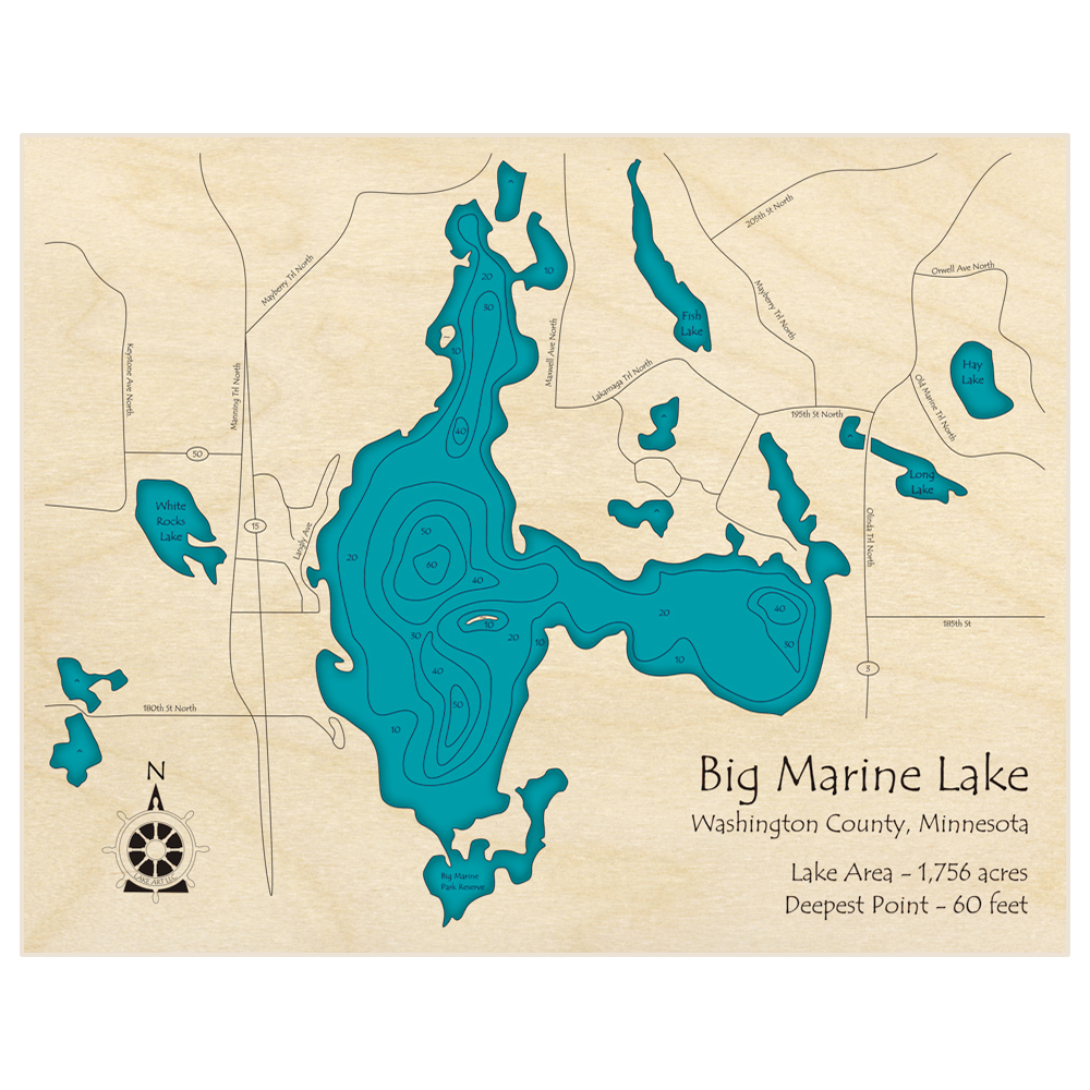 Bathymetric topo map of Big Marine Lake with roads, towns and depths noted in blue water