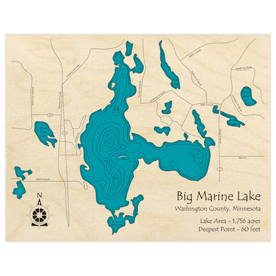 Bathymetric topo map of Big Marine Lake with roads, towns and depths noted in blue water