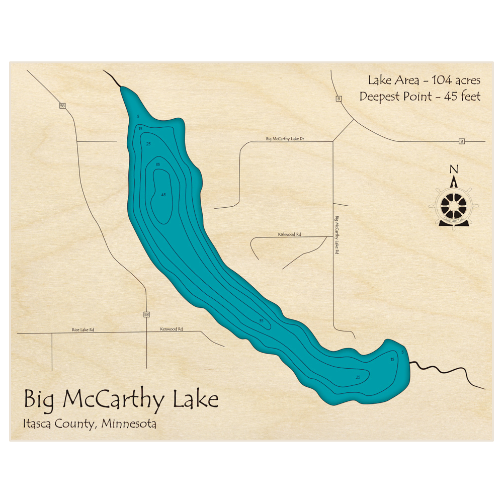 Bathymetric topo map of Big McCarthy Lake with roads, towns and depths noted in blue water