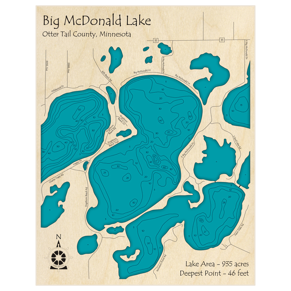 Bathymetric topo map of Big McDonald Lake (with McDonald Lake) with roads, towns and depths noted in blue water