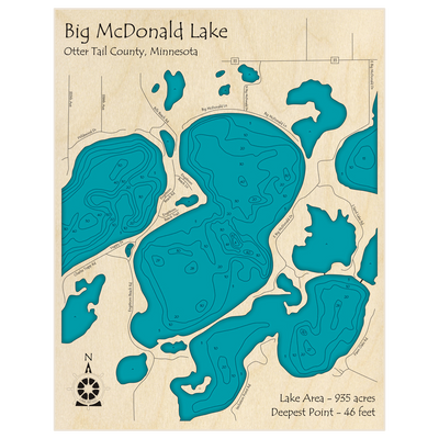 Bathymetric topo map of Big McDonald Lake (with McDonald Lake) with roads, towns and depths noted in blue water