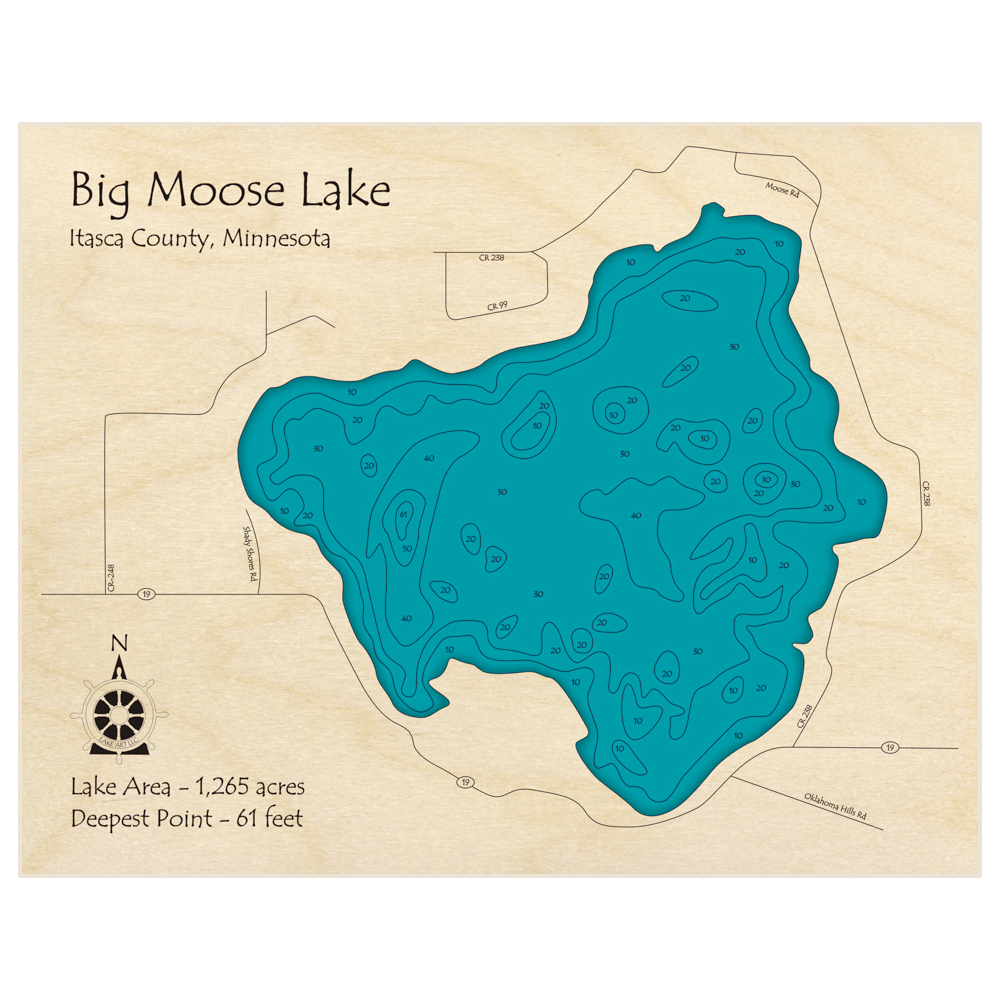 Bathymetric topo map of Big Moose Lake with roads, towns and depths noted in blue water