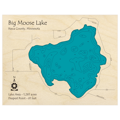 Bathymetric topo map of Big Moose Lake with roads, towns and depths noted in blue water