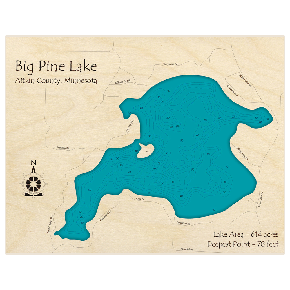 Bathymetric topo map of Big Pine Lake with roads, towns and depths noted in blue water