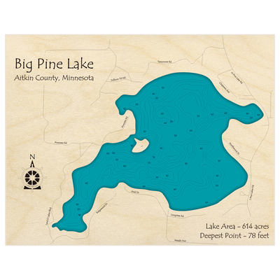 Bathymetric topo map of Big Pine Lake with roads, towns and depths noted in blue water