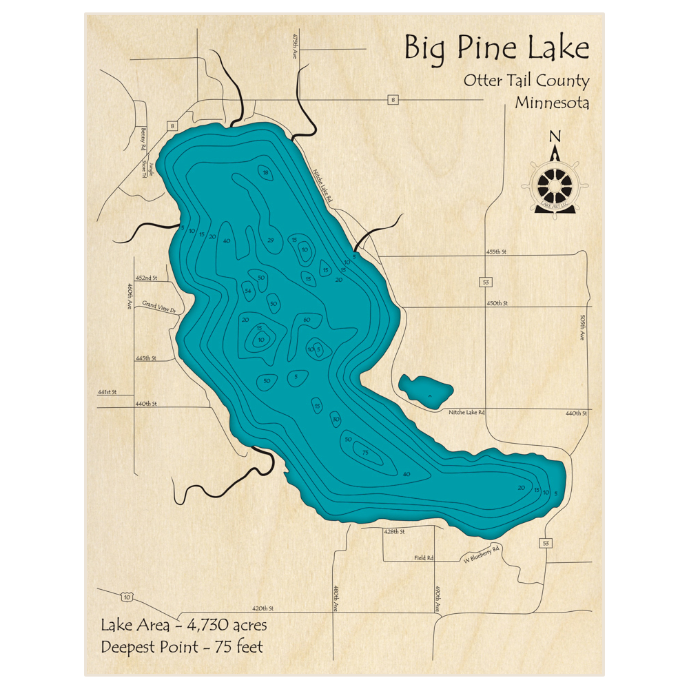 Bathymetric topo map of Big Pine Lake with roads, towns and depths noted in blue water