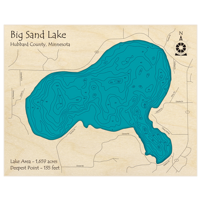 Bathymetric topo map of Big Sand Lake with roads, towns and depths noted in blue water