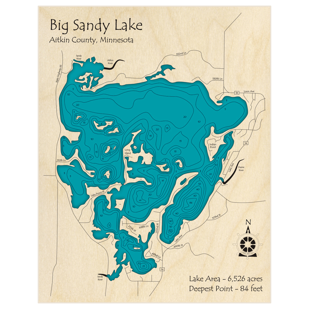 Bathymetric topo map of Big Sandy Lake with roads, towns and depths noted in blue water