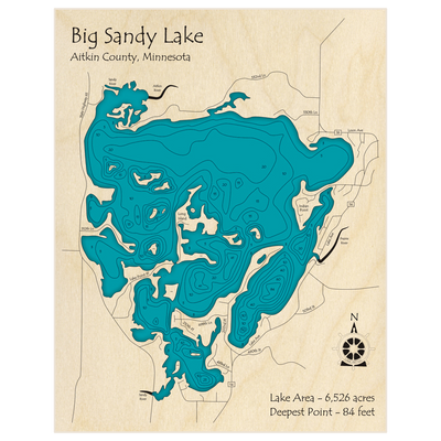 Bathymetric topo map of Big Sandy Lake with roads, towns and depths noted in blue water