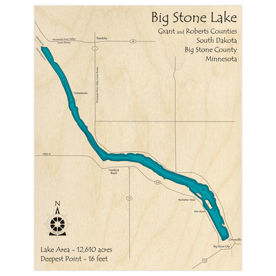 Bathymetric topo map of Big Stone Lake with roads, towns and depths noted in blue water