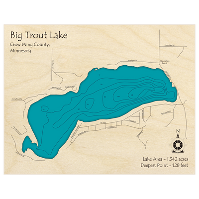 Bathymetric topo map of Big Trout Lake with roads, towns and depths noted in blue water